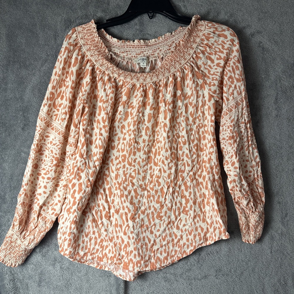 UMGEE Blouse Womens Orange‎ Leopard Long Sleeve Smock Boatneck On Off Shoulder M